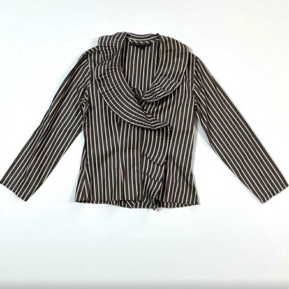 Ralph Lauren Polished Cotton Poplin Brown & White Accordion Pleat Ruffle Blouse - Picture 5 of 10